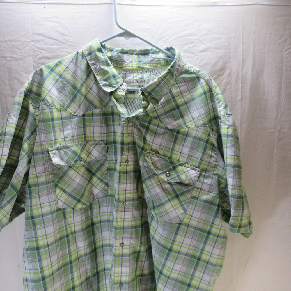 Magellan Mens Fishing Shirt 3XL 3XLarge Green Plaid Vented Short Sleeve Mag Wick
